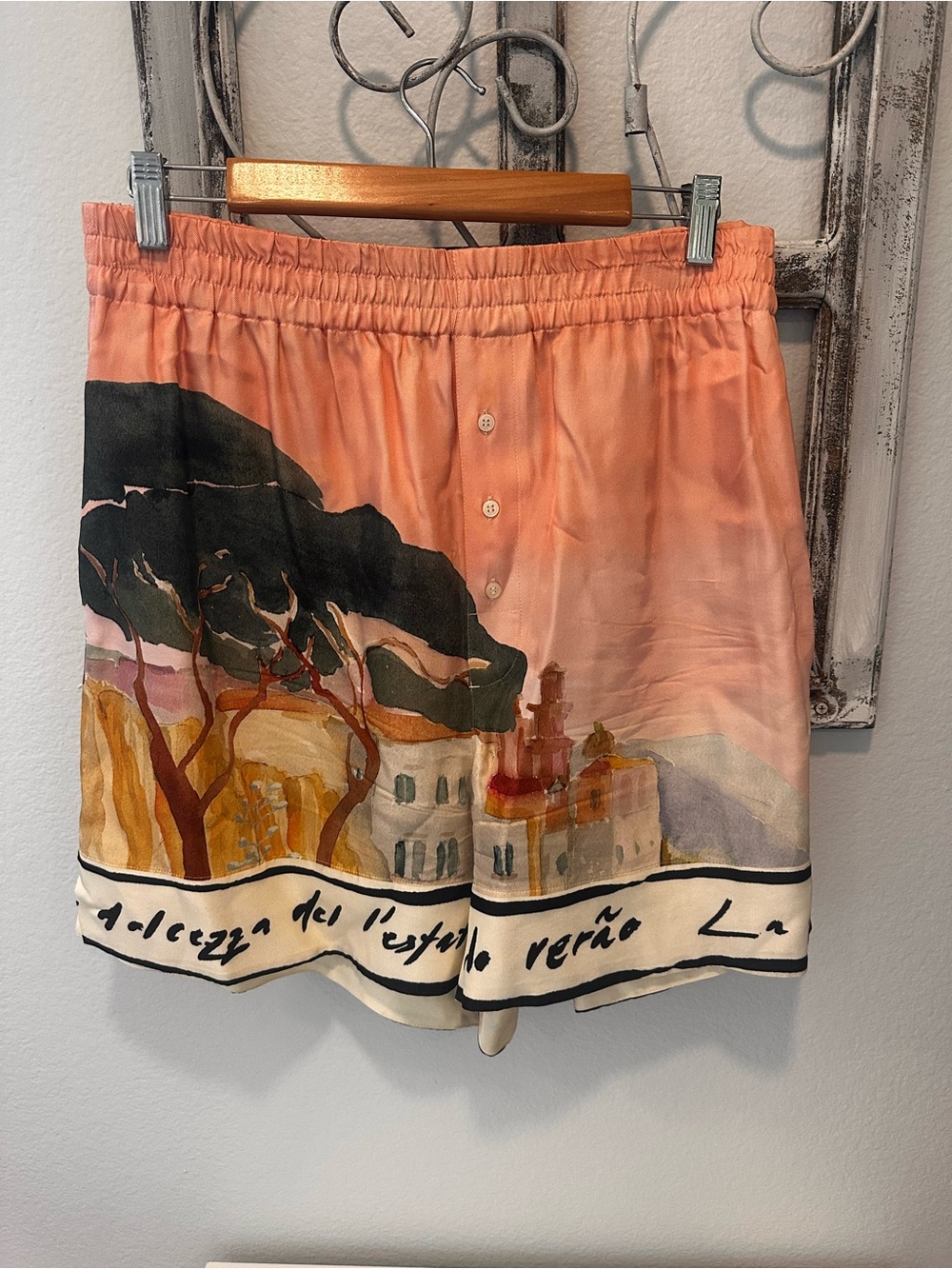 H&M Silk-Blend Peach Scenic Print Shorts